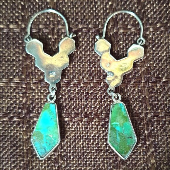 2'' Vintage Southwestern Genuine Turquoise 925 Sterling Silver Dangle Earrings - Picture 11 of 11